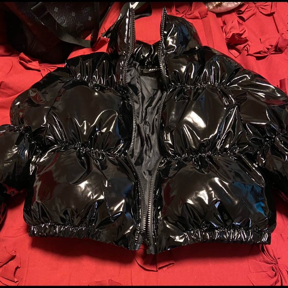 Black Vinyl Cropped Puffer Jacket